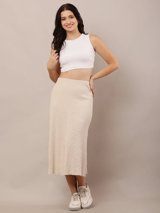 Women Beige Ribbed-Knit A-Line Skirt