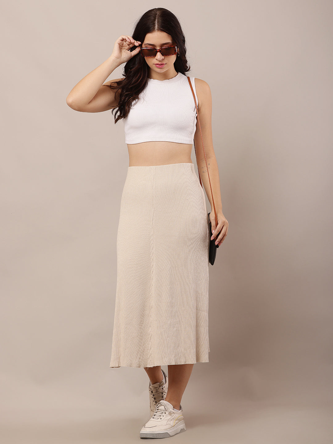 Women Beige Ribbed-Knit A-Line Skirt