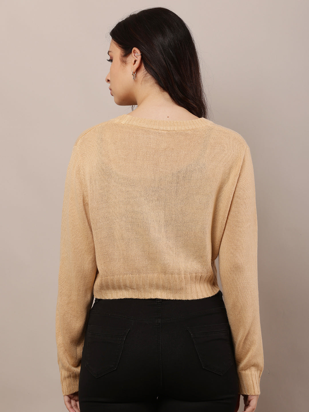 Women Beige V-Neck Cardigan