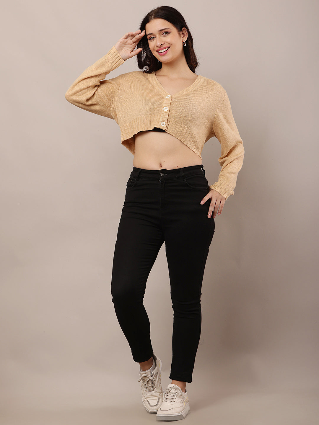 Women Beige V-Neck Cardigan