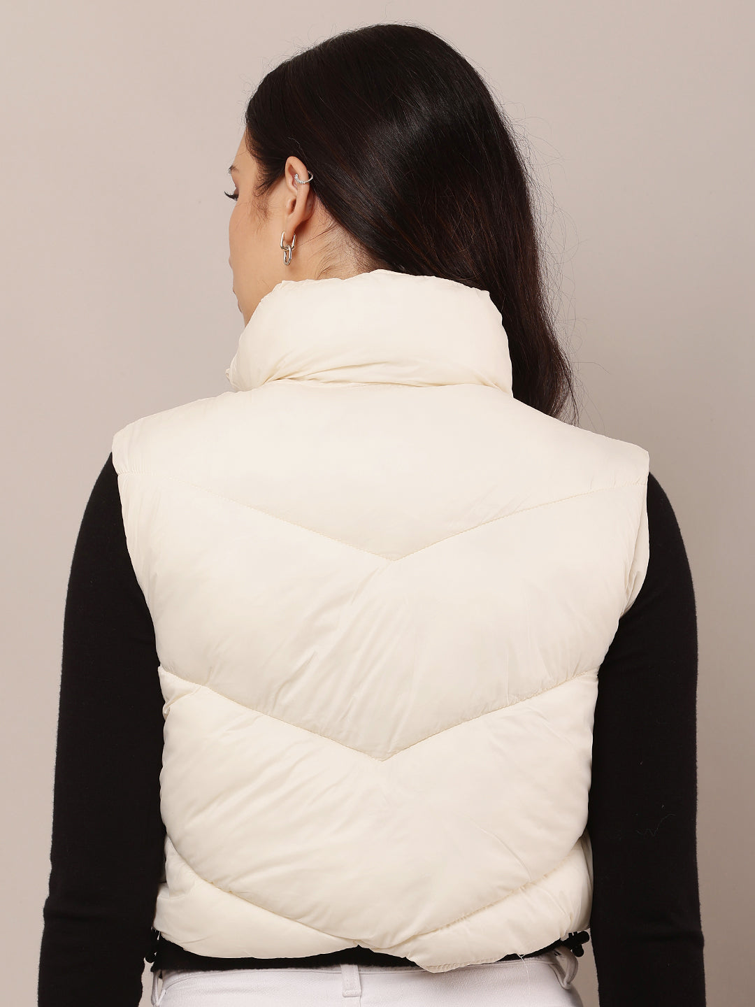 Women White Crop Puffer Jacket with High Neck