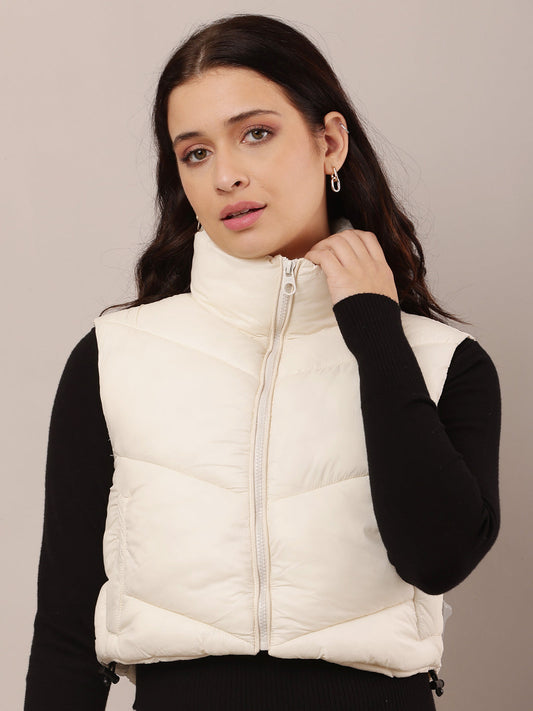 Women White Crop Puffer Jacket with High Neck