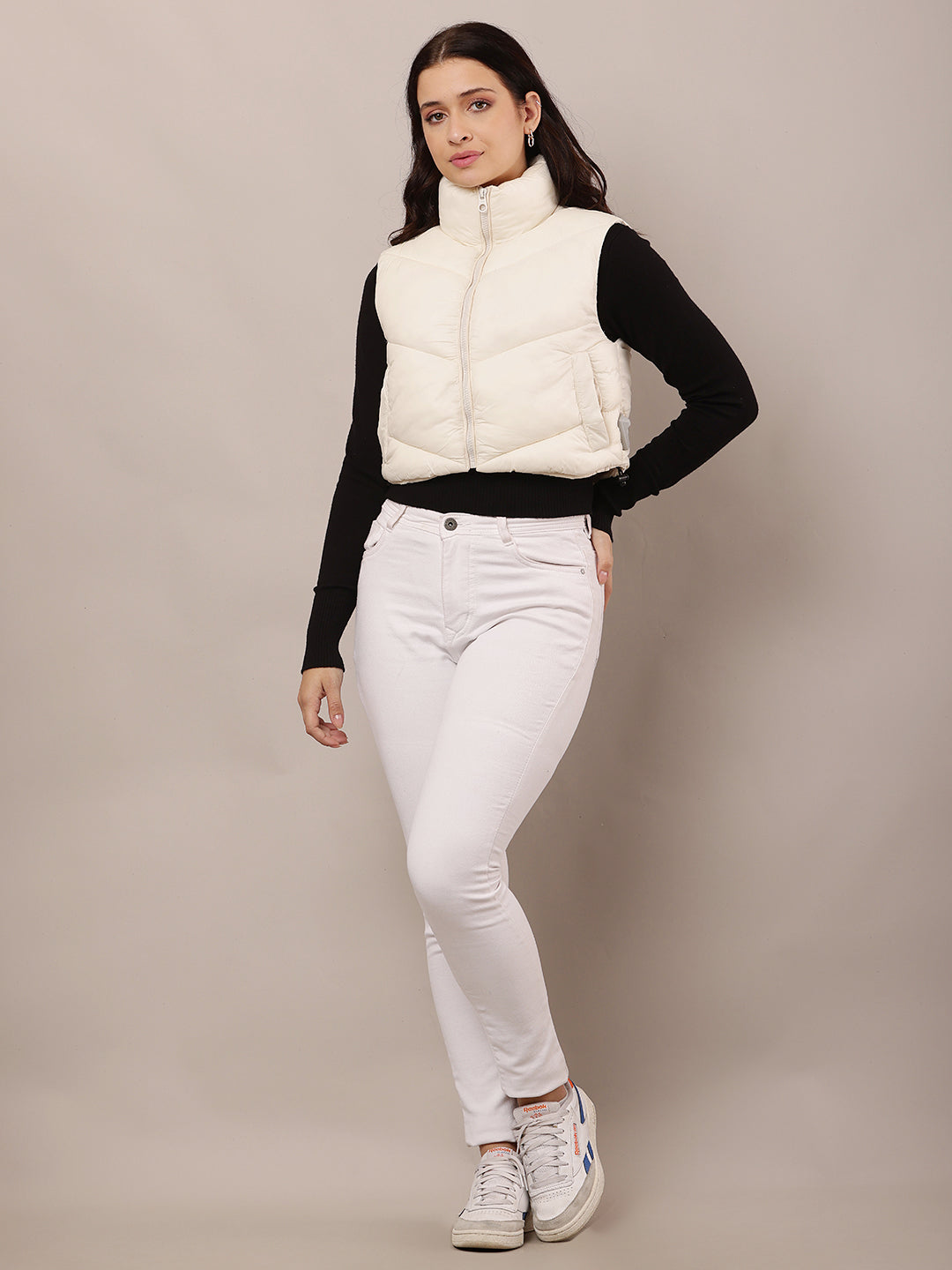 Women White Crop Puffer Jacket with High Neck