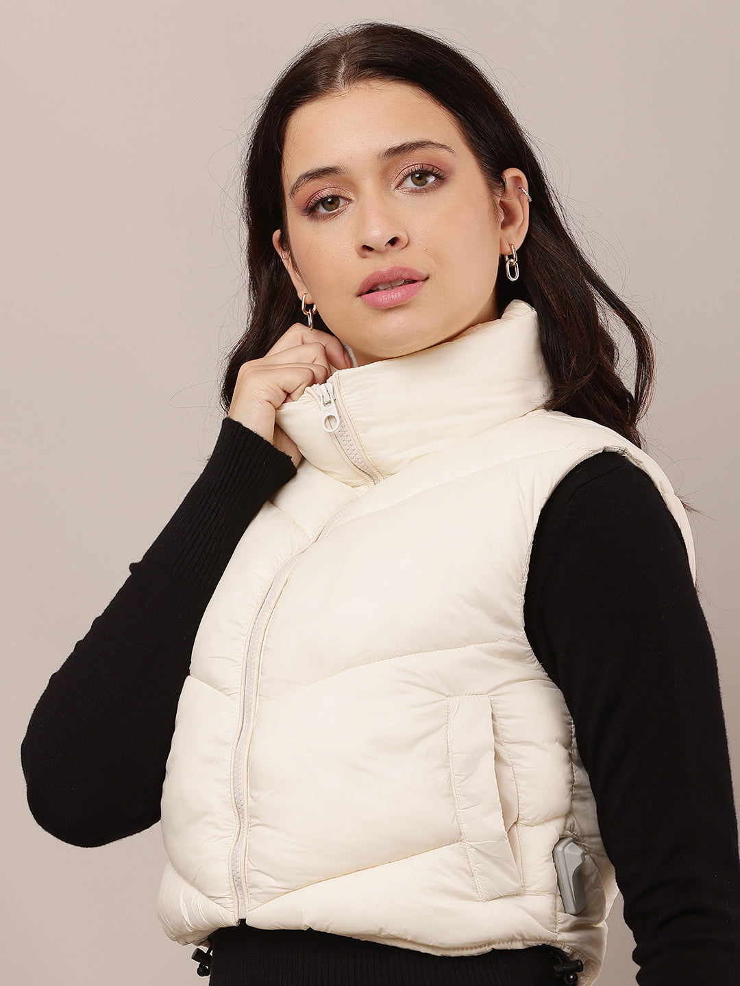 Women White Crop Puffer Jacket with High Neck