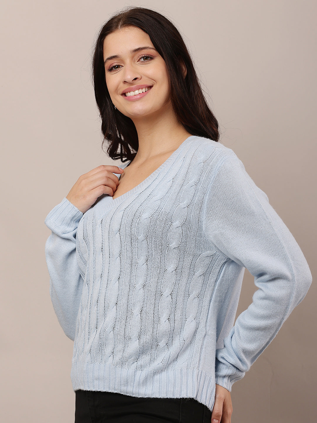 Women Sky Blue V-Neck Sweater