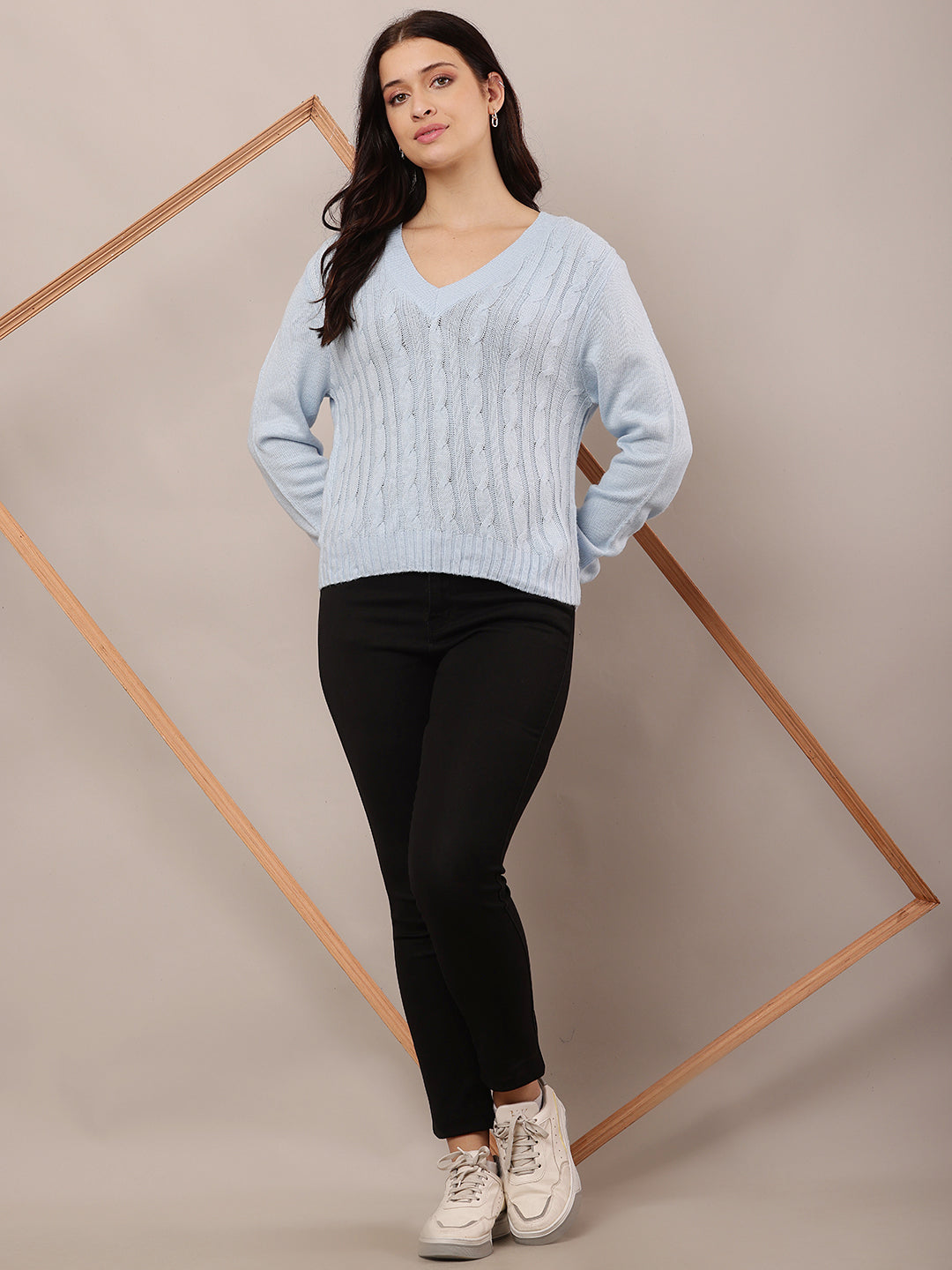 Women Sky Blue V-Neck Sweater