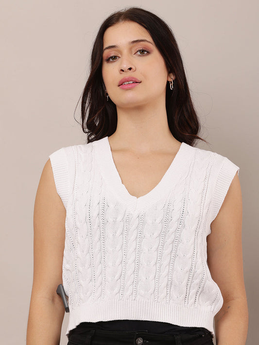 Women White V-Neck Sleeveless Knitted Sweater