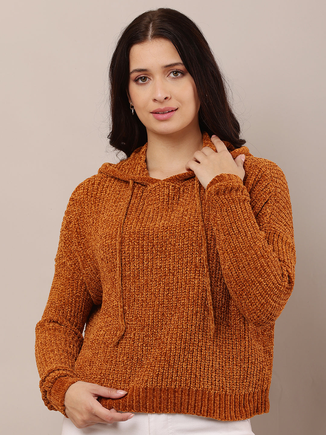 Women Brown Hooded Knitted Sweatshirt