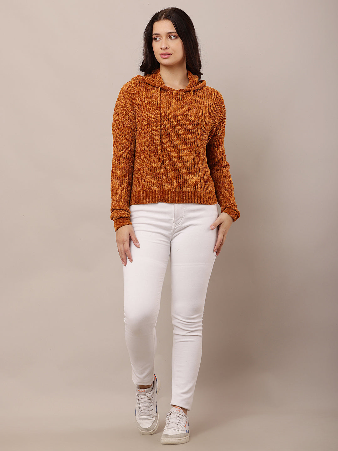 Women Brown Hooded Knitted Sweatshirt