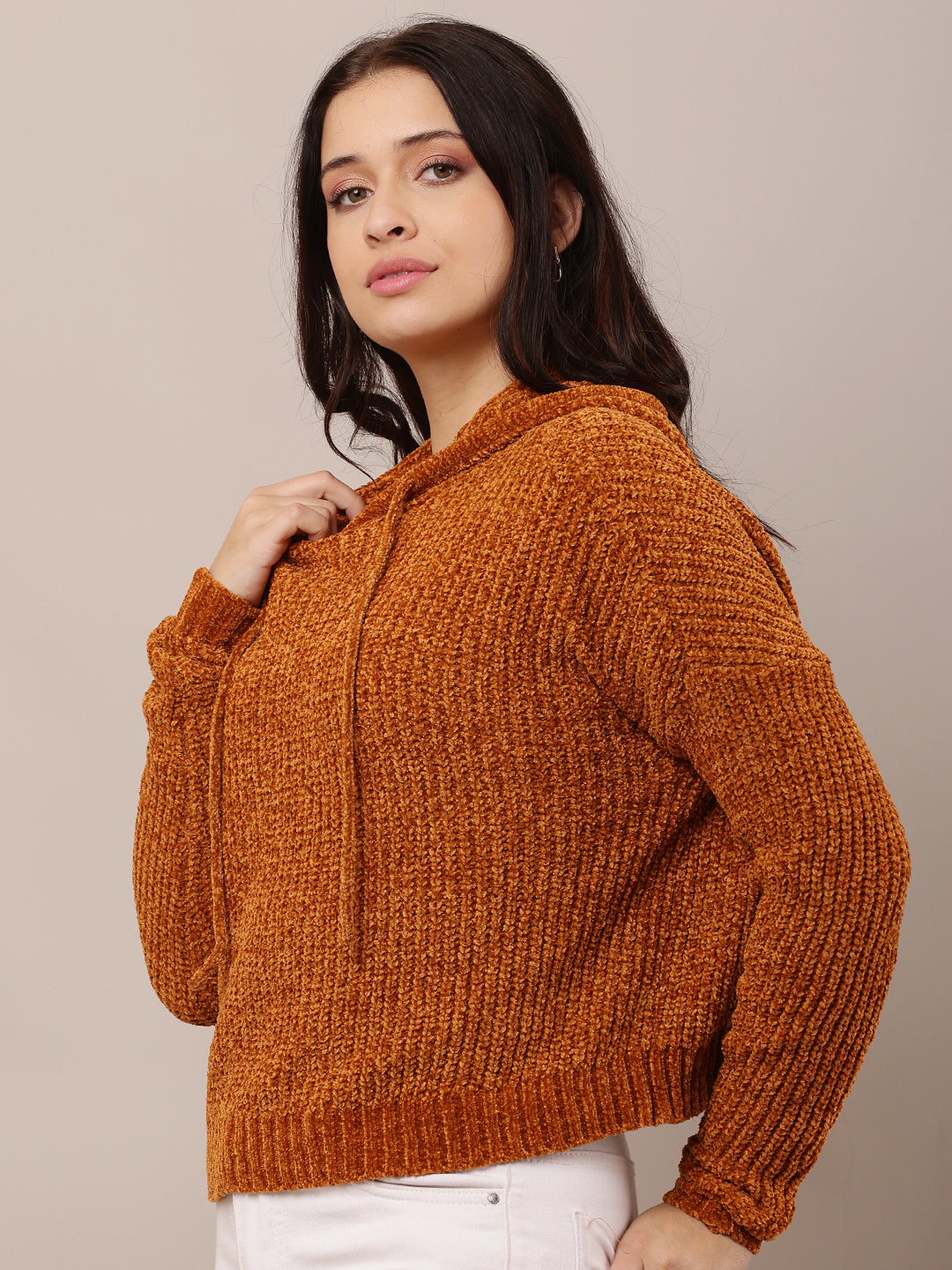 Women Brown Hooded Knitted Sweatshirt