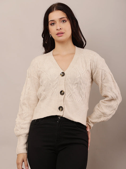 Women Beige V-Neck Cardigan
