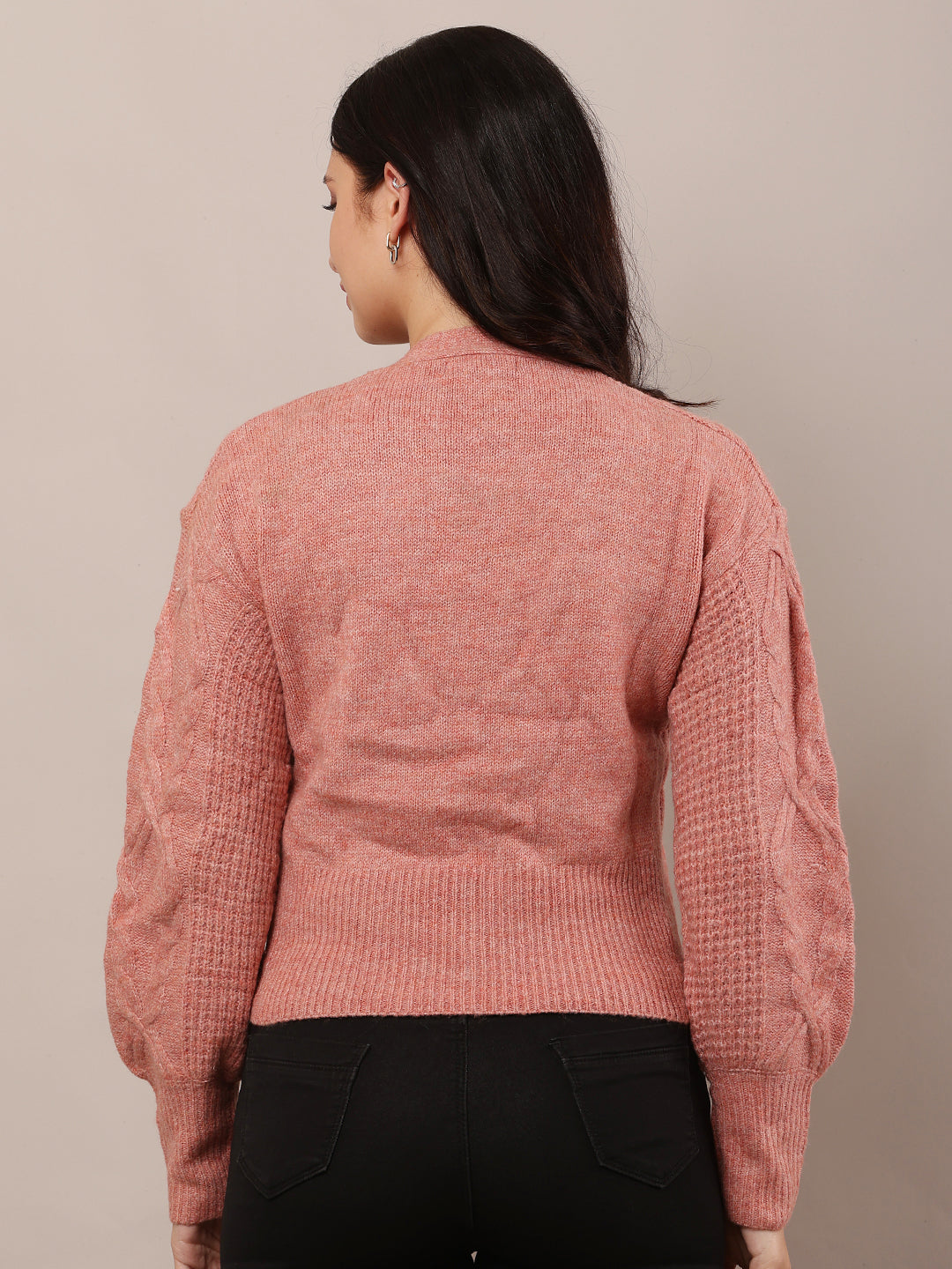 Women Light Red V-Neck Cardigan