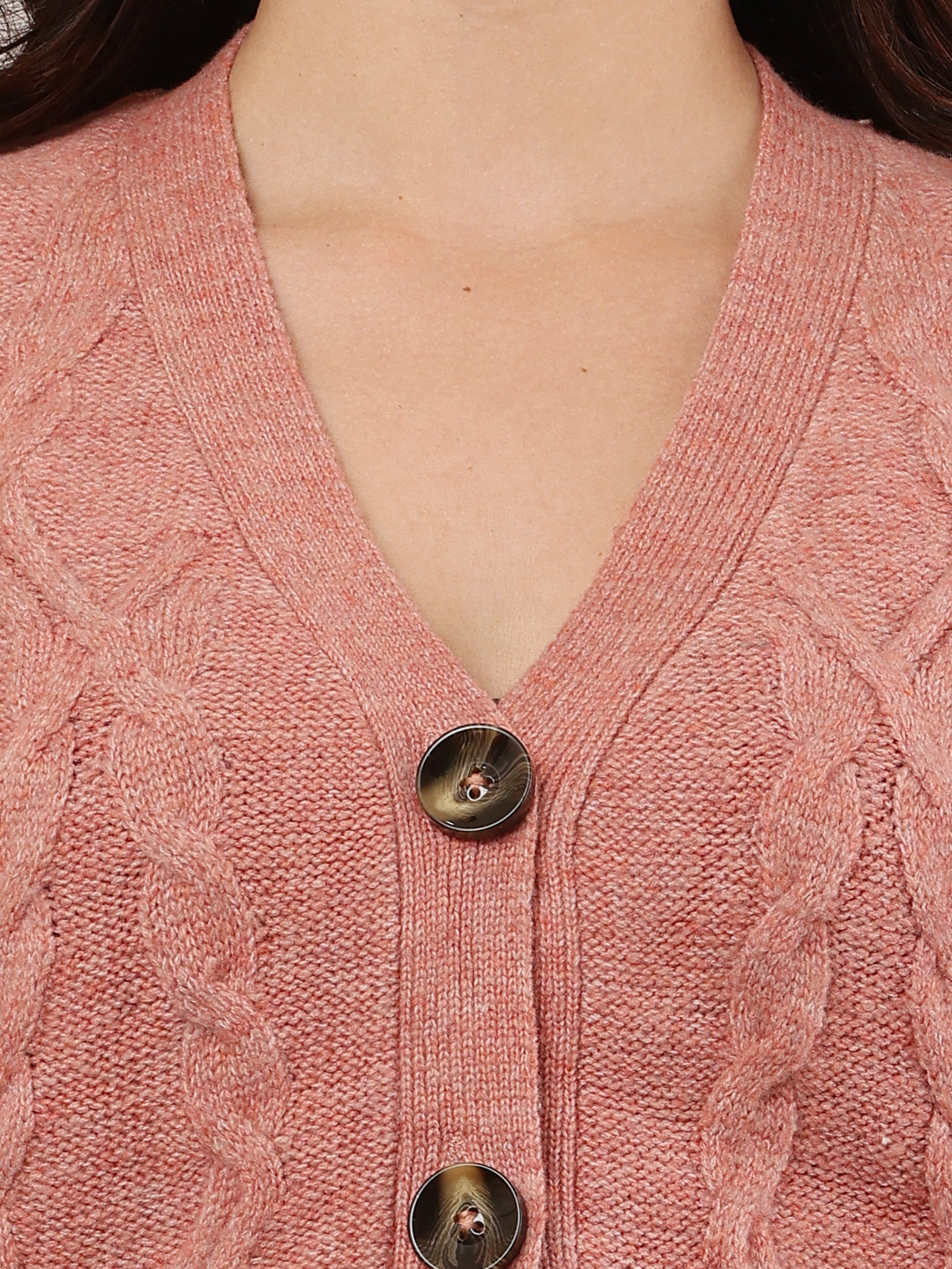 Women Light Red V-Neck Cardigan