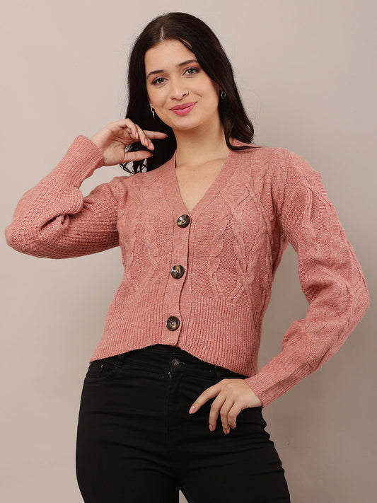 Women Light Red V-Neck Cardigan