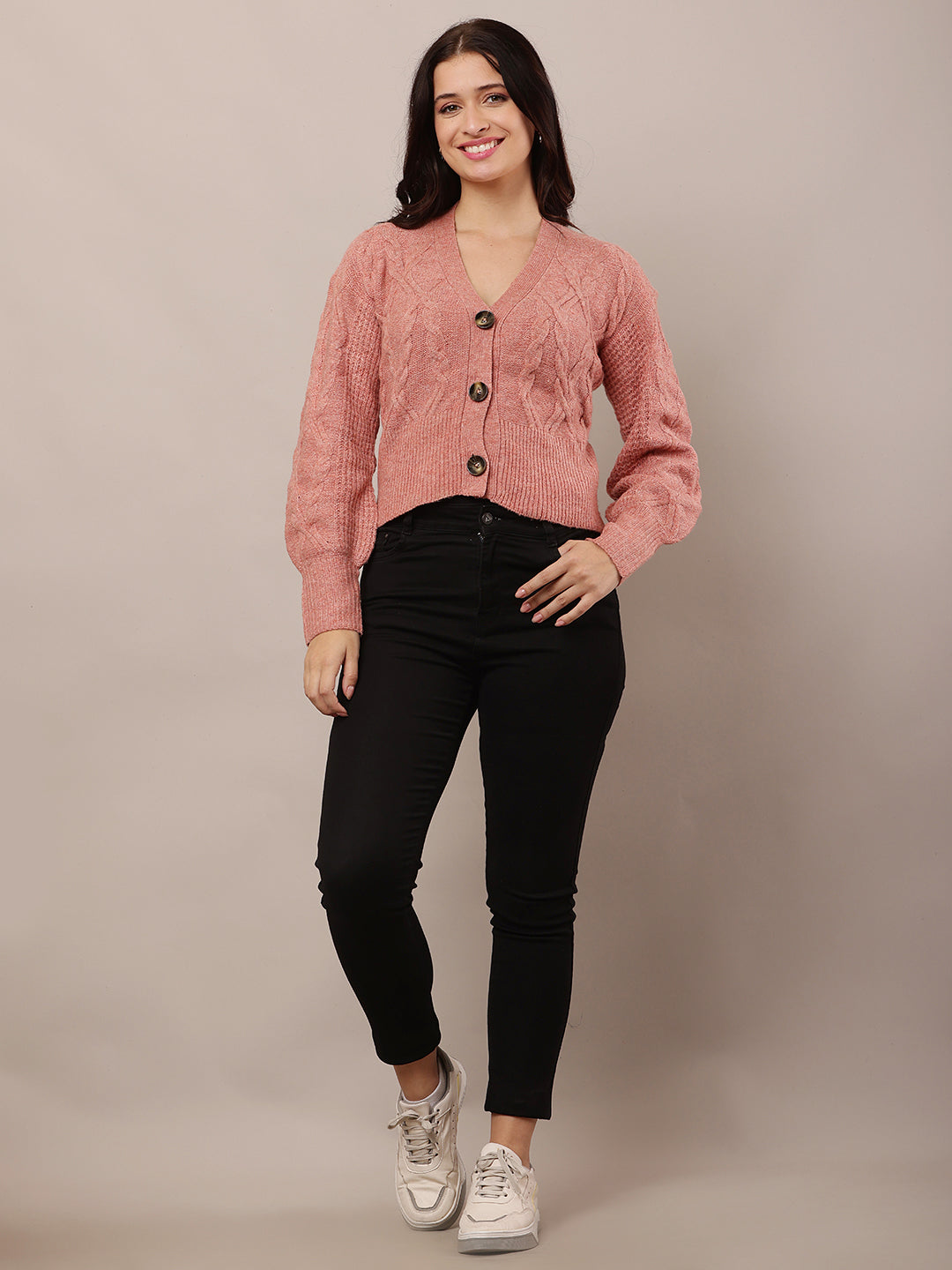 Women Light Red V-Neck Cardigan