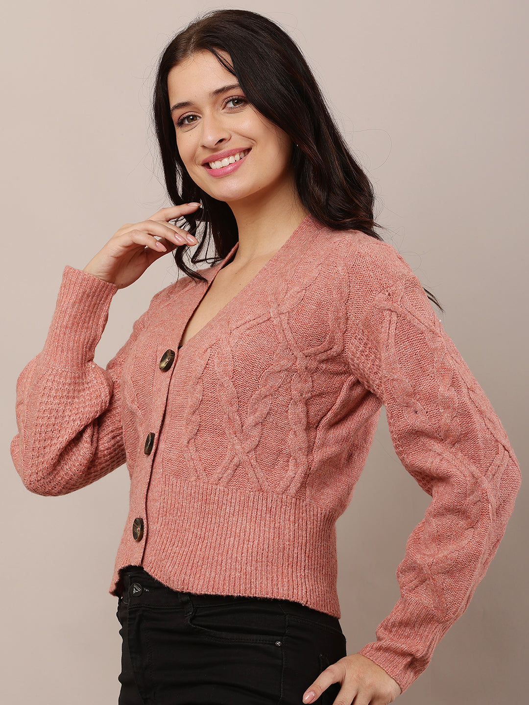 Women Light Red V-Neck Cardigan