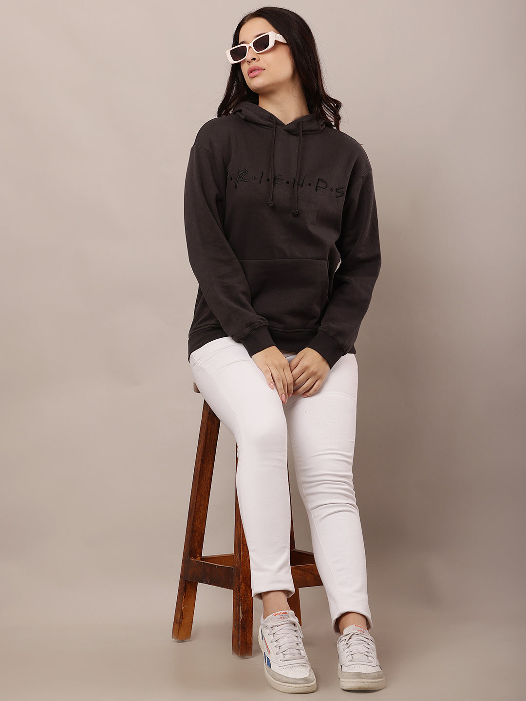 Women Dark Grey Hooded Solid Sweatshirt