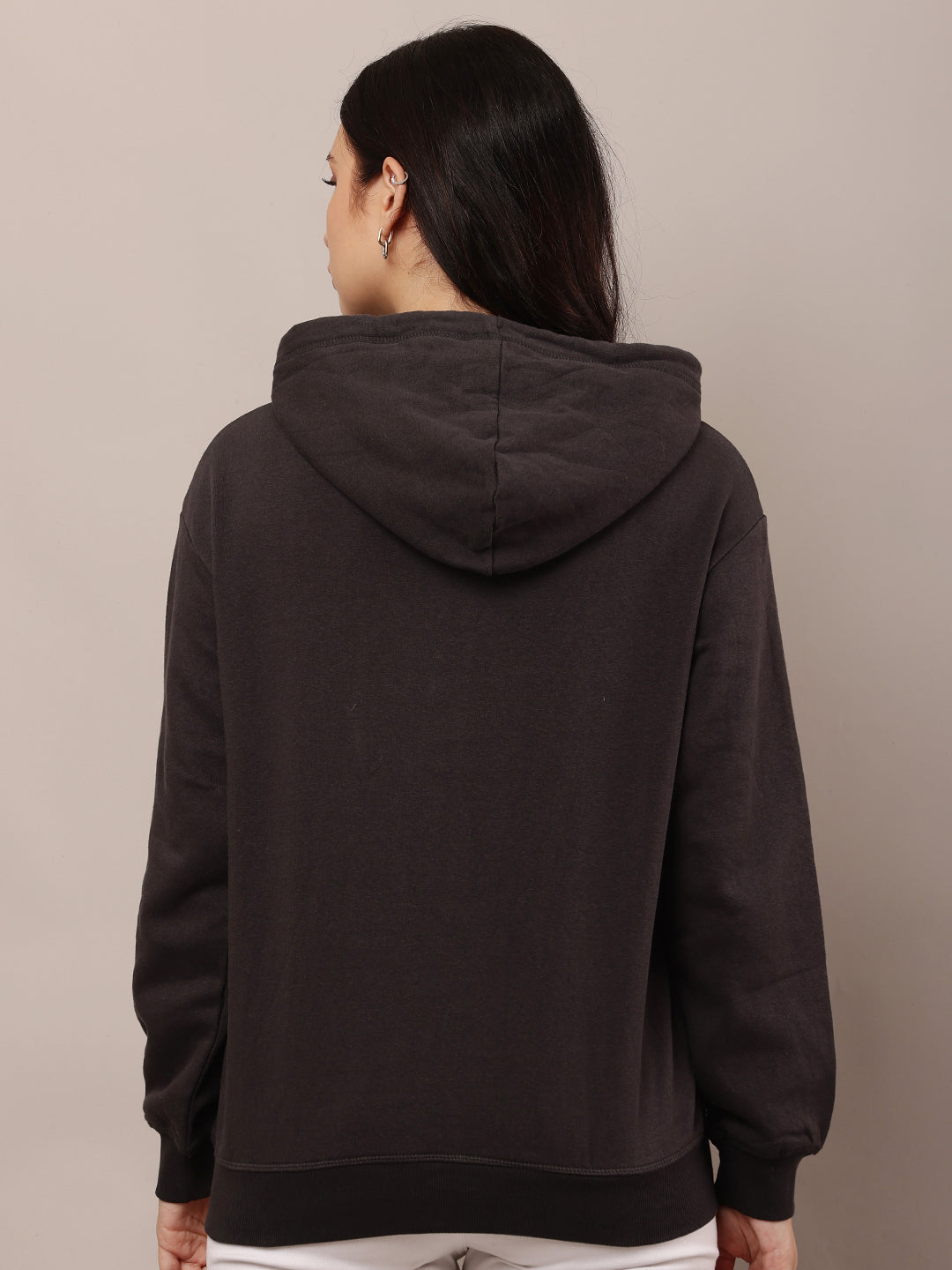 Women Dark Grey Hooded Solid Sweatshirt