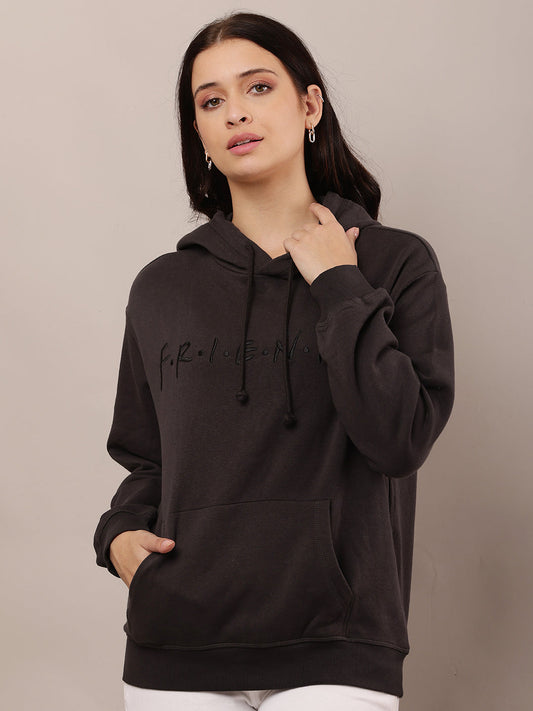 Women Dark Grey Hooded Solid Sweatshirt