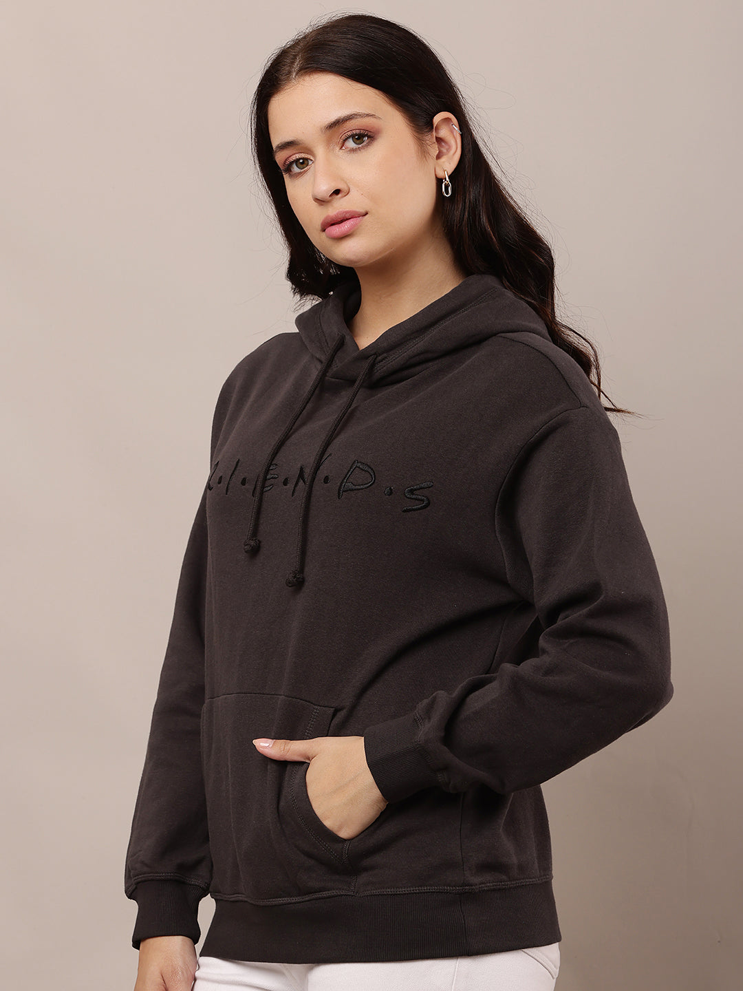 Women Dark Grey Hooded Solid Sweatshirt