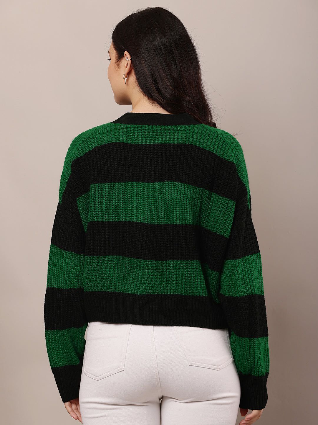 Women Green & Black Striped V-Neck Cardigan