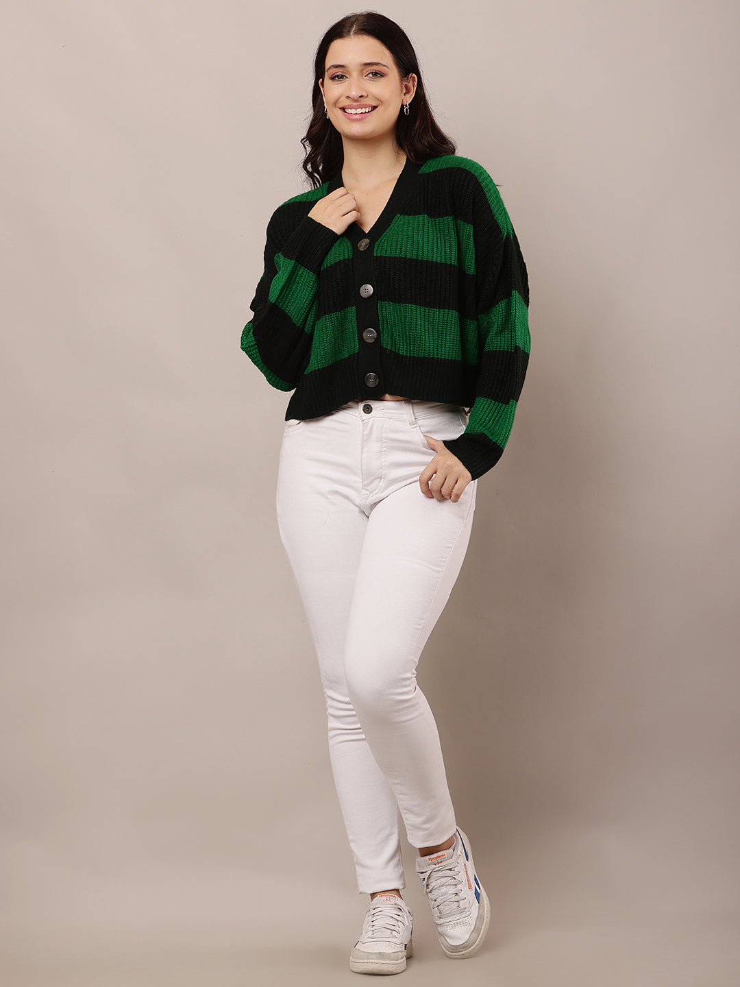 Women Green & Black Striped V-Neck Cardigan