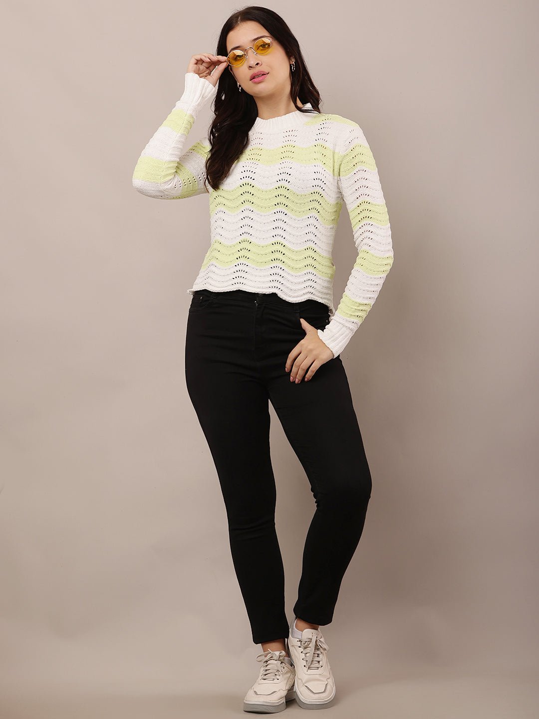 Women Green & White Crew Neck Sweater