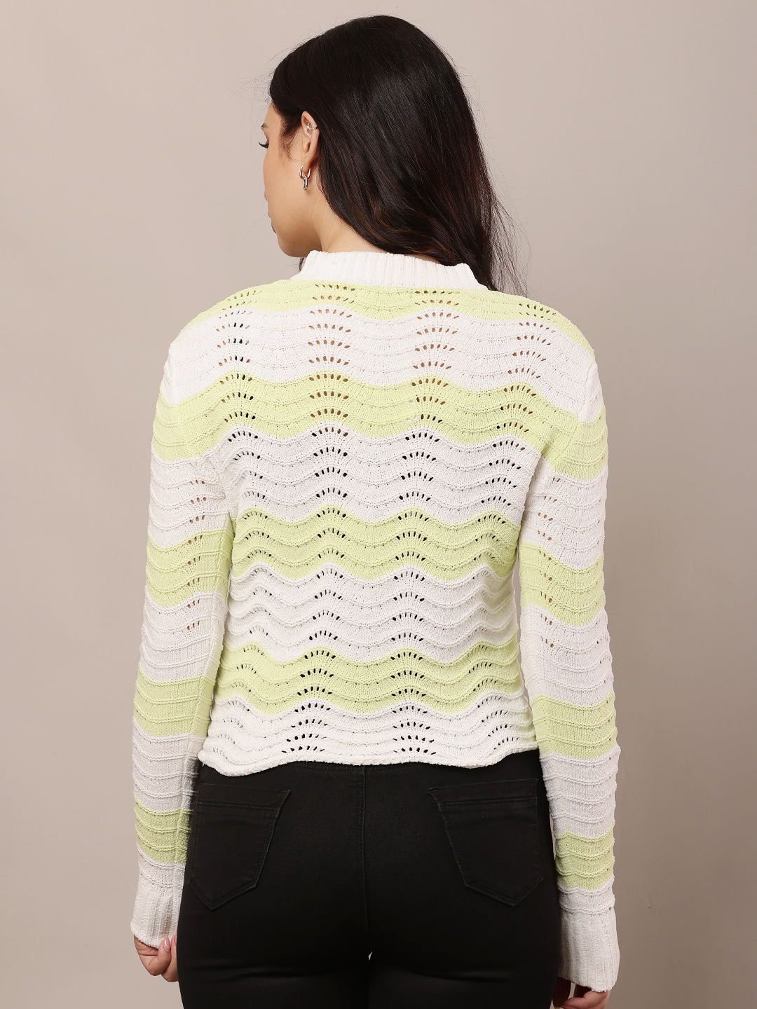 Women Green & White Crew Neck Sweater