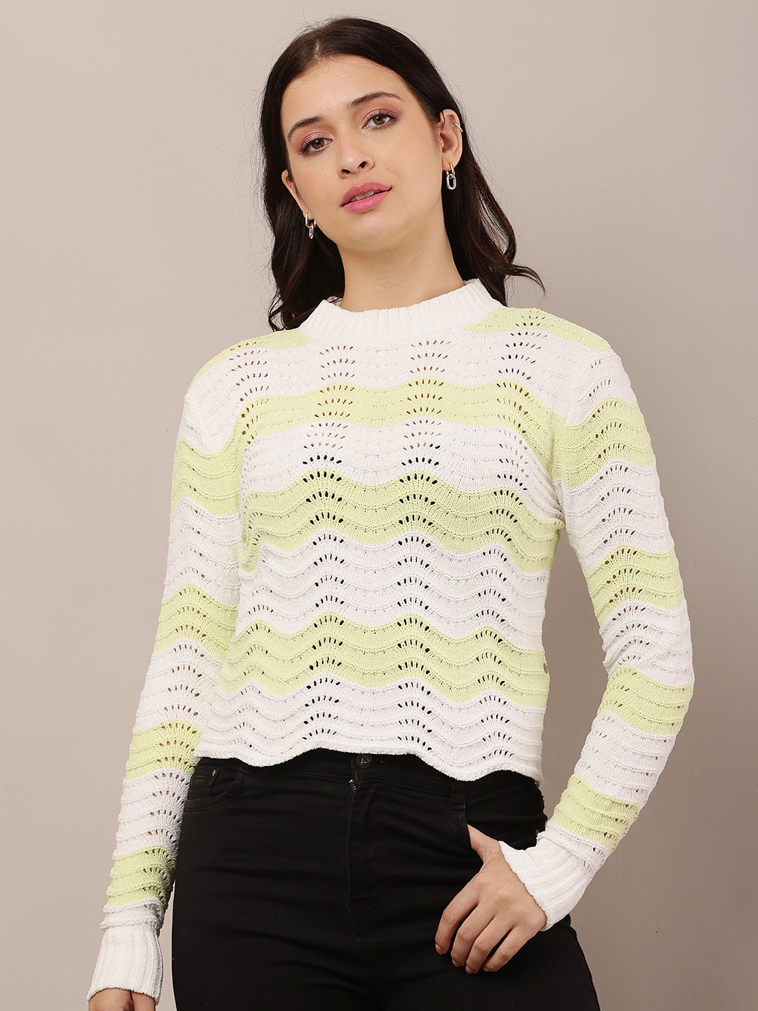 Women Green & White Crew Neck Sweater