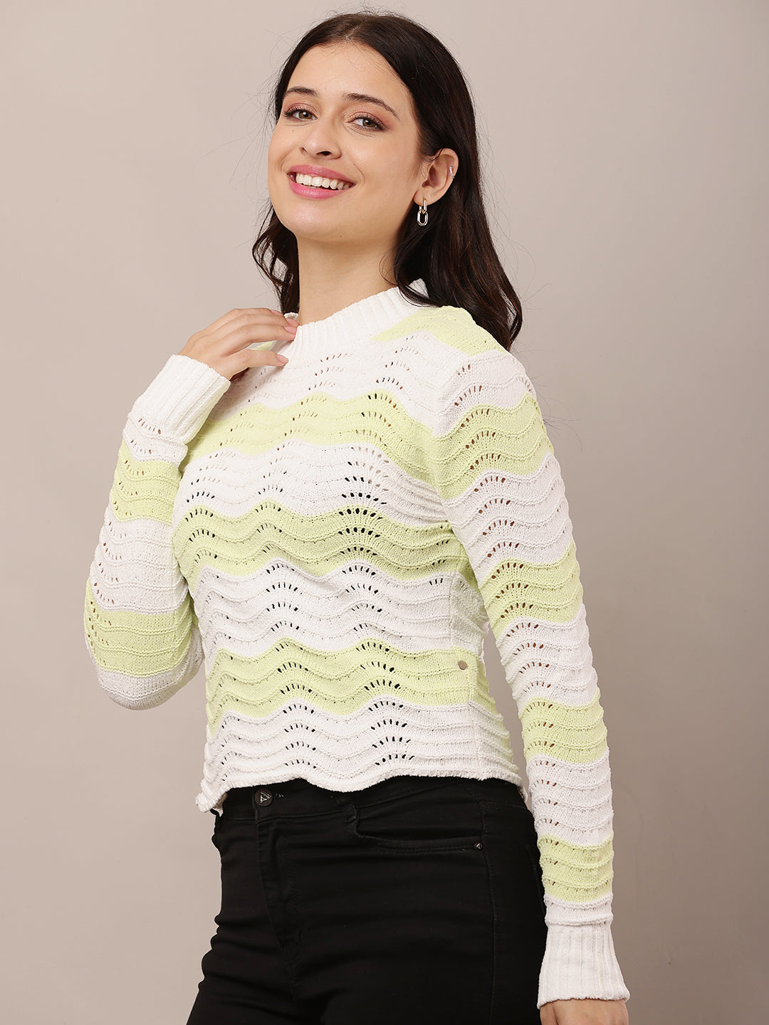 Women Green & White Crew Neck Sweater