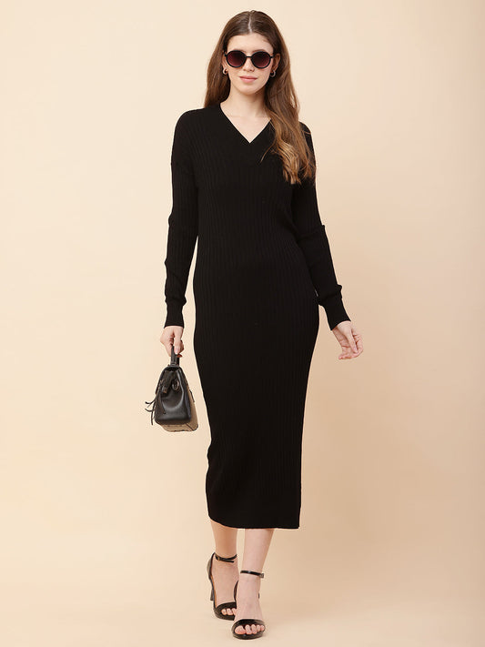 Women Black Ribbed V-neck Bodycon Dress