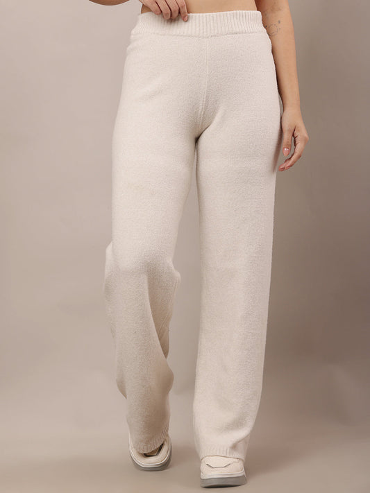 Women Off-White Elasticated Waist Polyester Trousers
