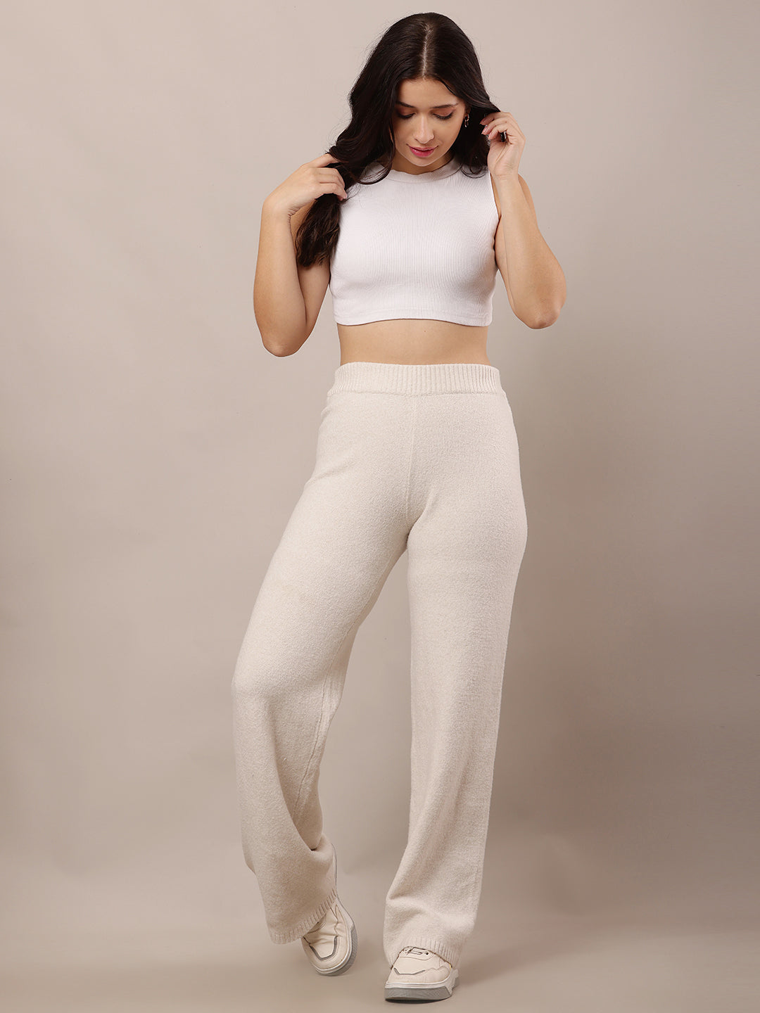 Women Off-White Elasticated Waist Polyester Trousers