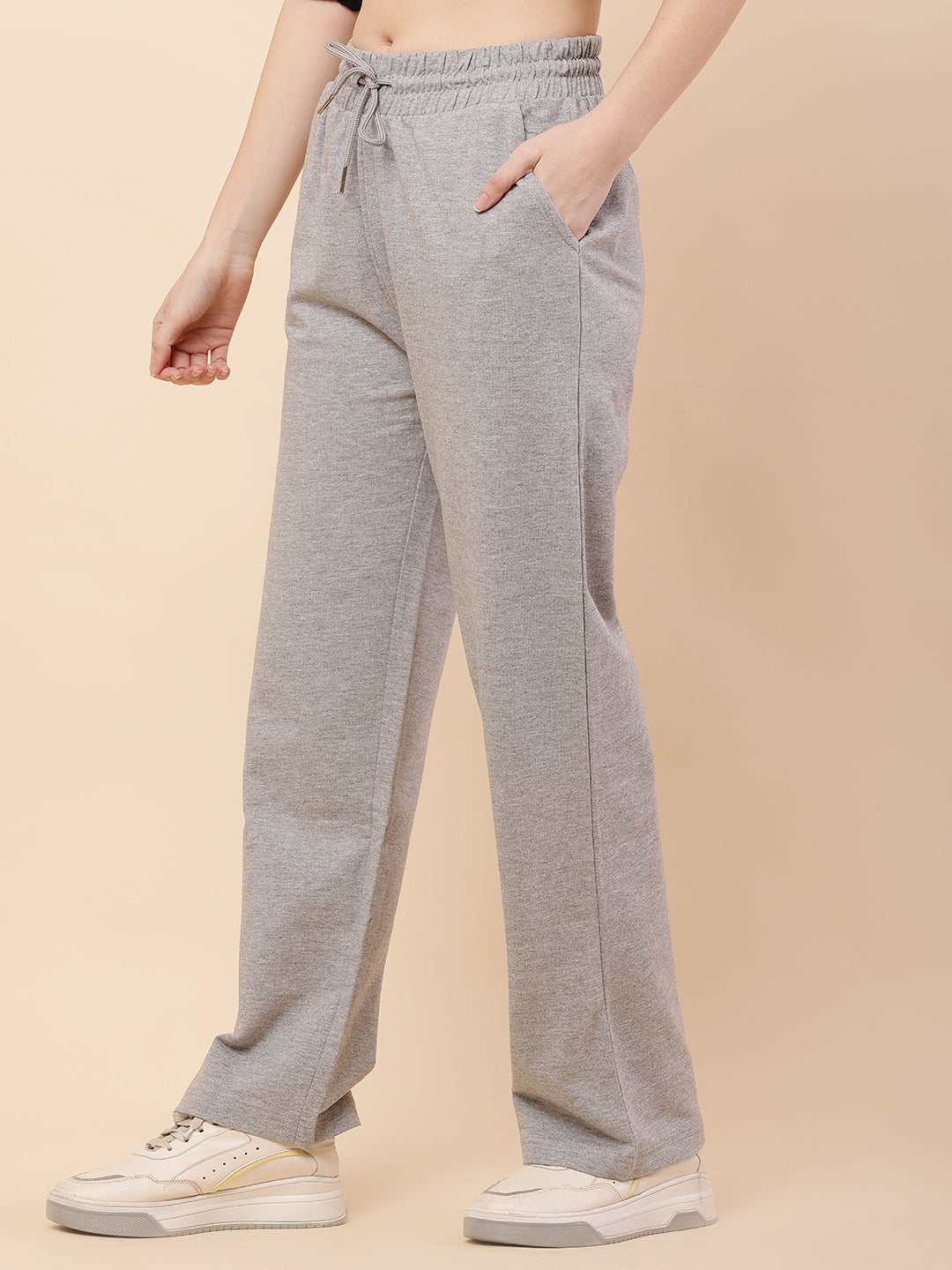 Women Grey Drawstring Cotton Trouser