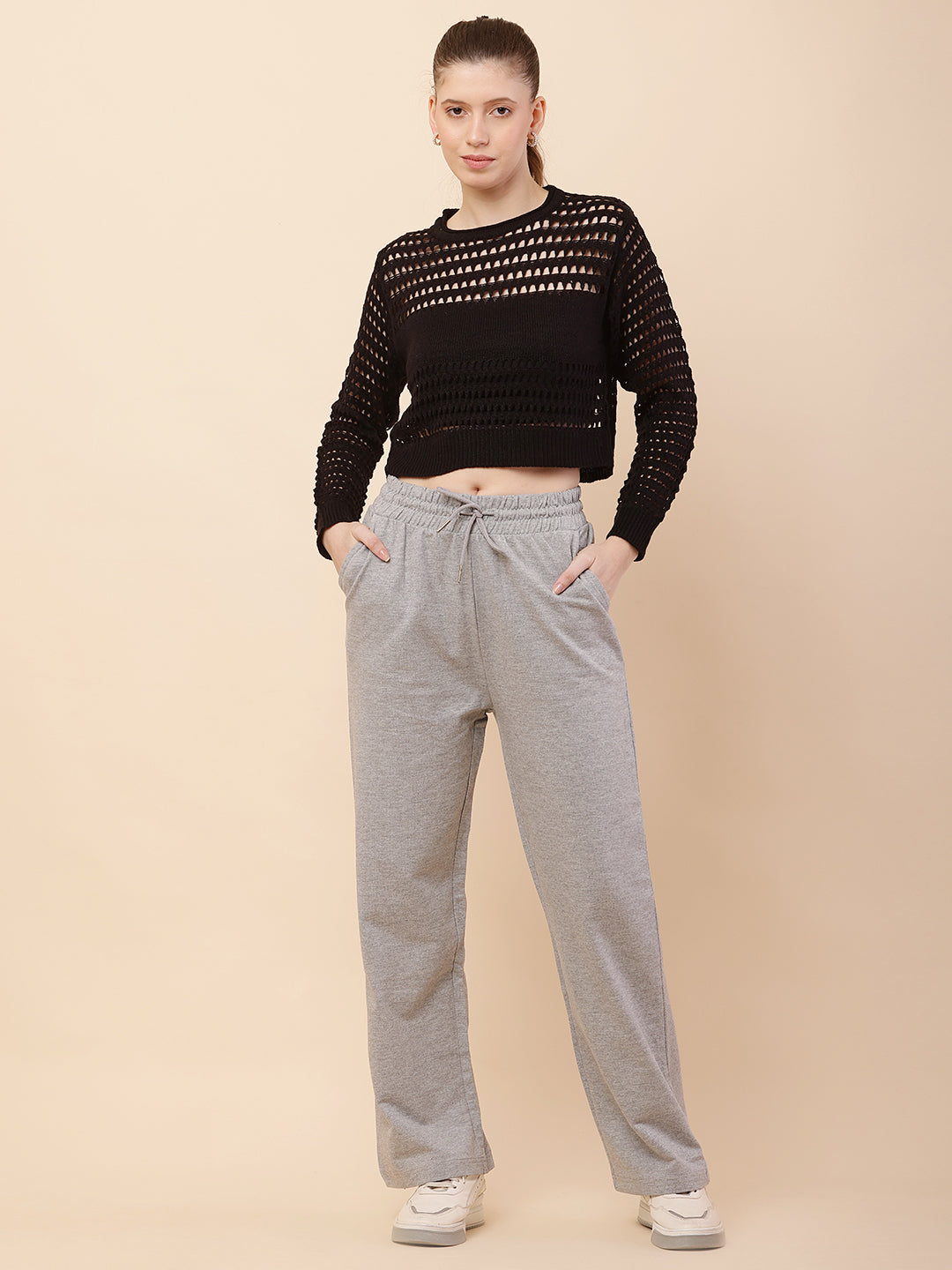 Women Grey Drawstring Cotton Trouser