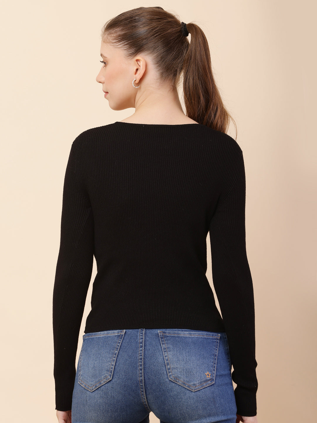 Women Black Ribbed V-neck Top