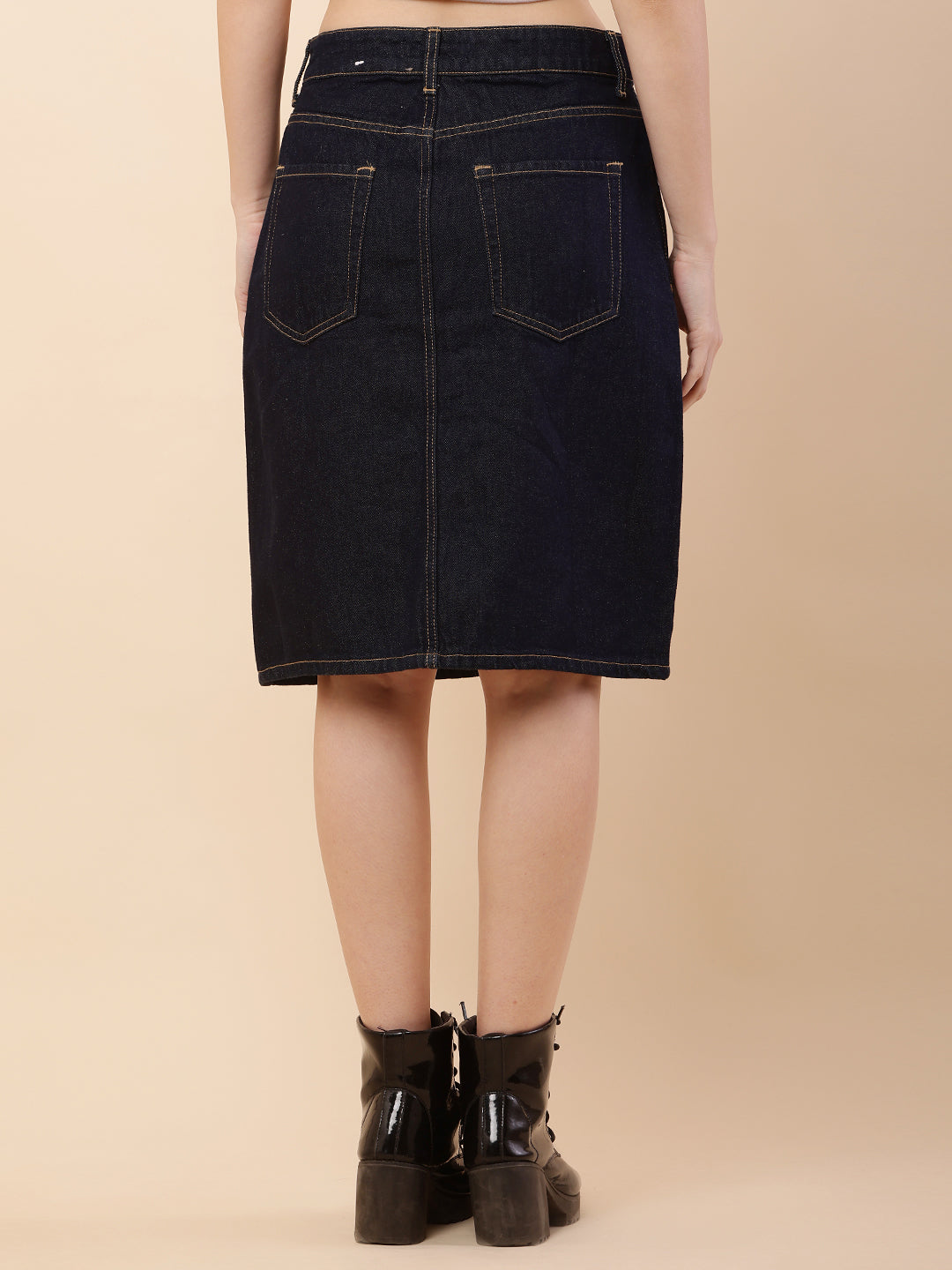 Women Dark Blue Front Slit Denim Skirt
