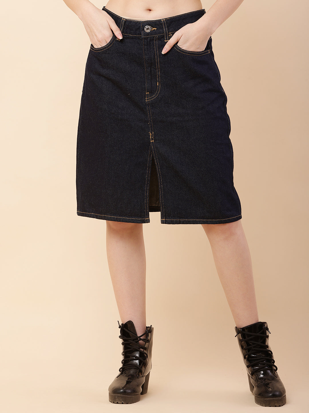 Women Dark Blue Front Slit Denim Skirt