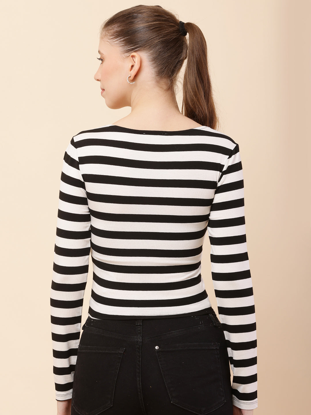 Women Black and White Striped Top