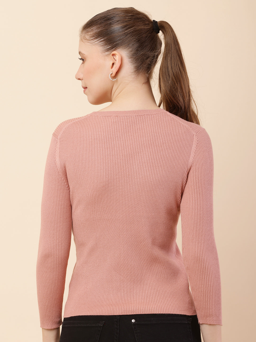 Women Peach Ribbed Sweater
