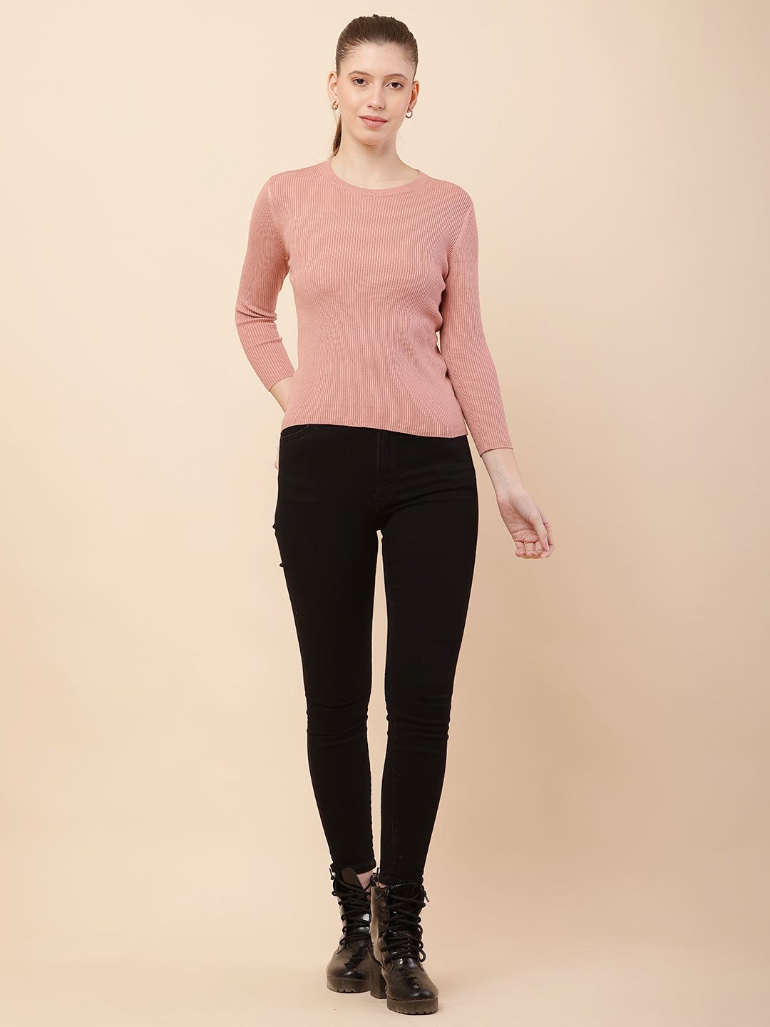 Women Peach Ribbed Sweater