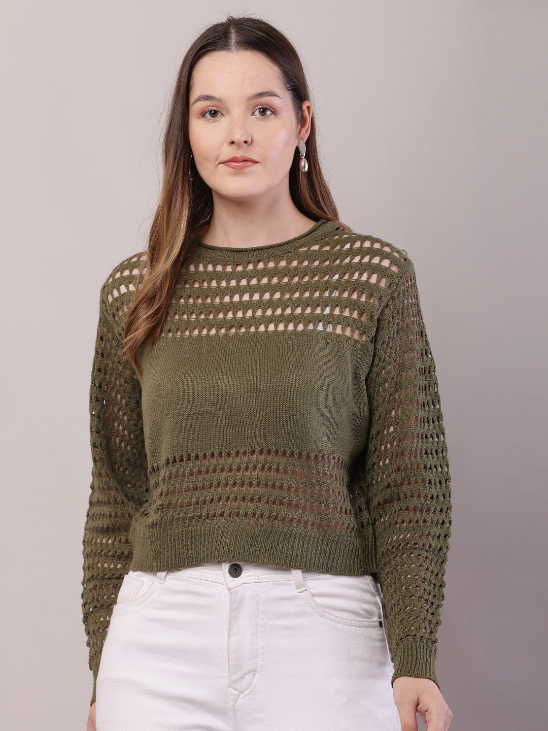 Women Olive Green Polyester Crochet Full Sleeve Sweater