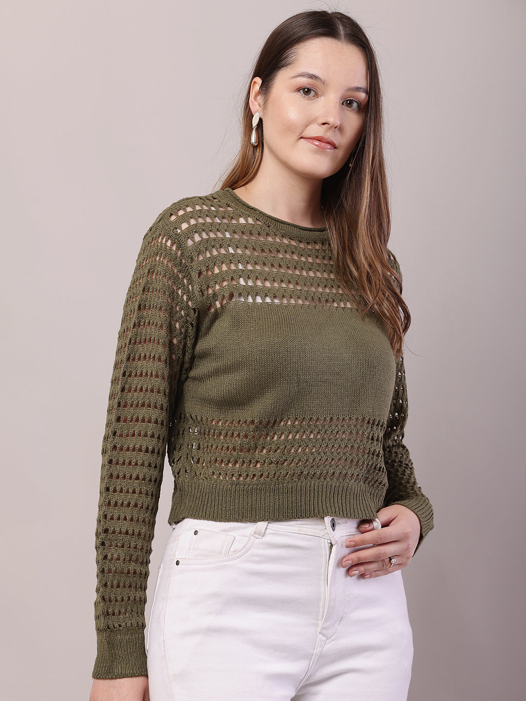 Women Olive Green Polyester Crochet Full Sleeve Sweater