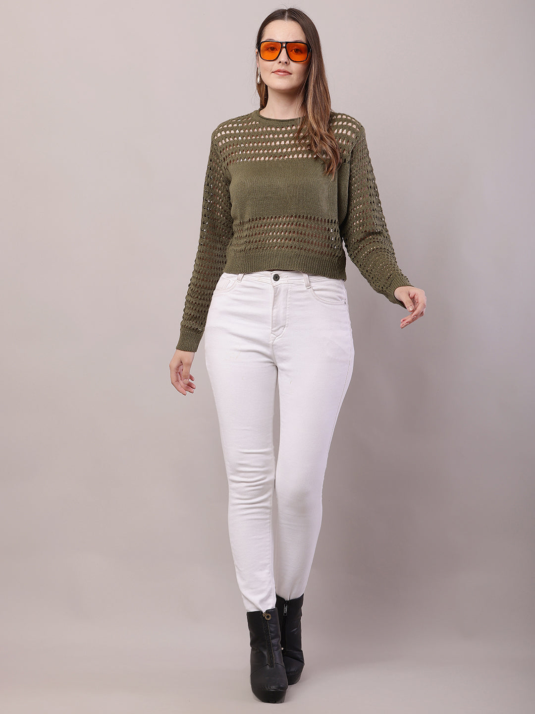 Women Olive Green Polyester Crochet Full Sleeve Sweater