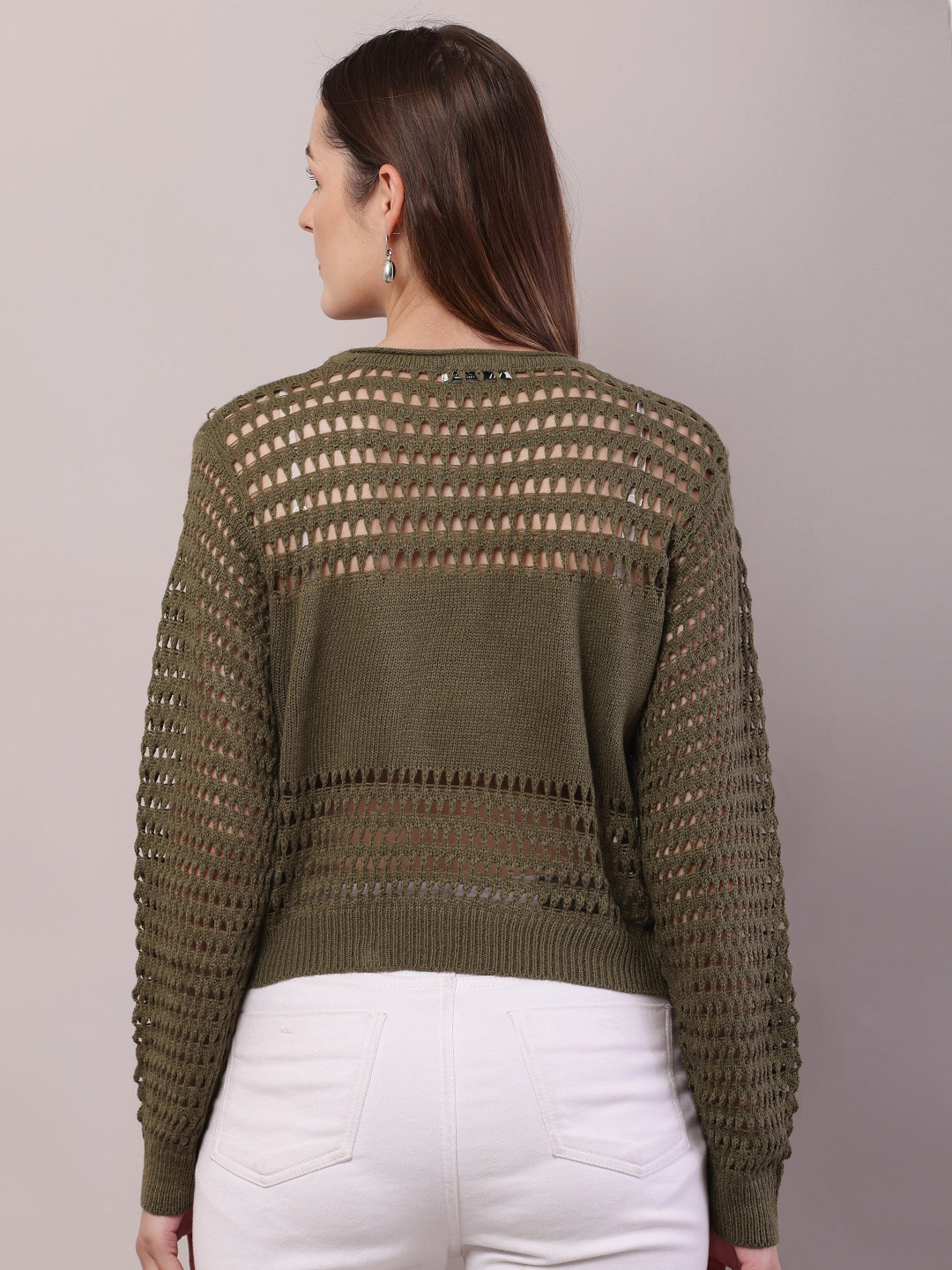 Women Olive Green Polyester Crochet Full Sleeve Sweater