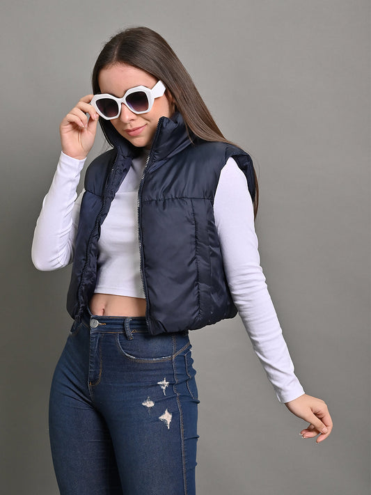 Women Puffer Crop Dark Blue Jacket