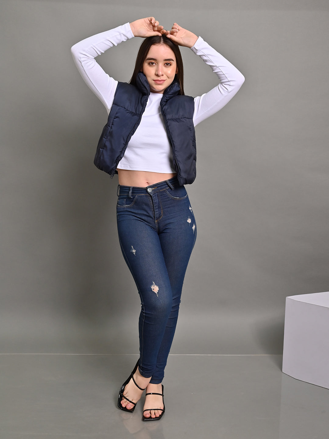 Women Puffer Crop Dark Blue Jacket