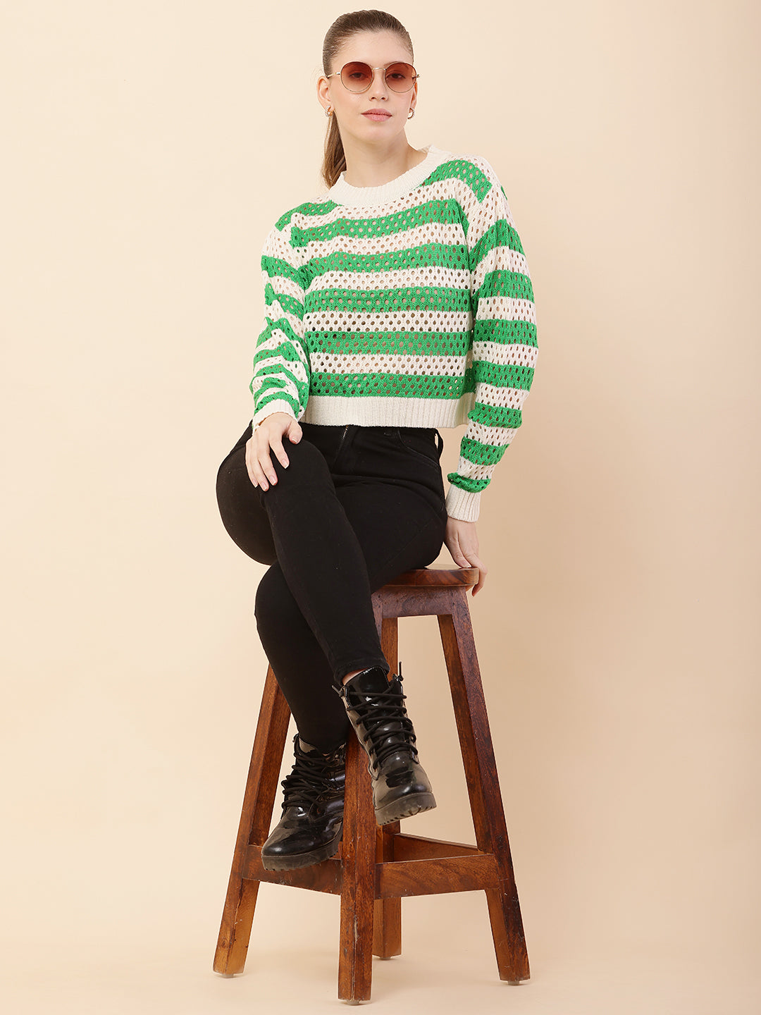 Women Green Striped Crochet Sweater