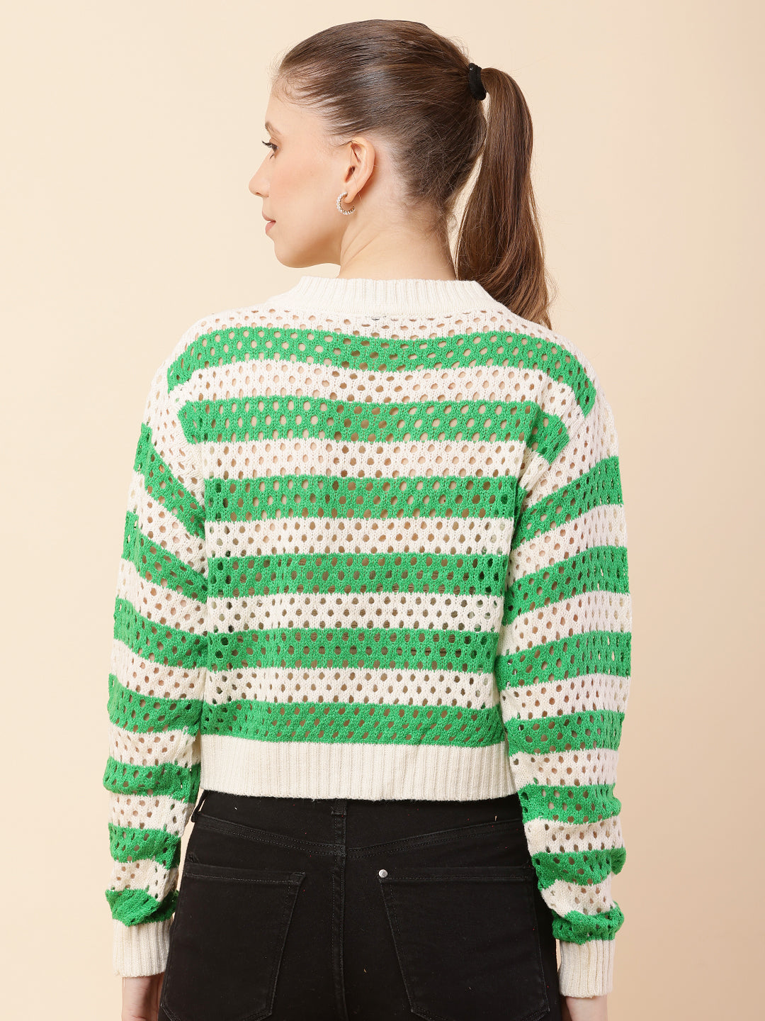 Women Green Striped Crochet Sweater