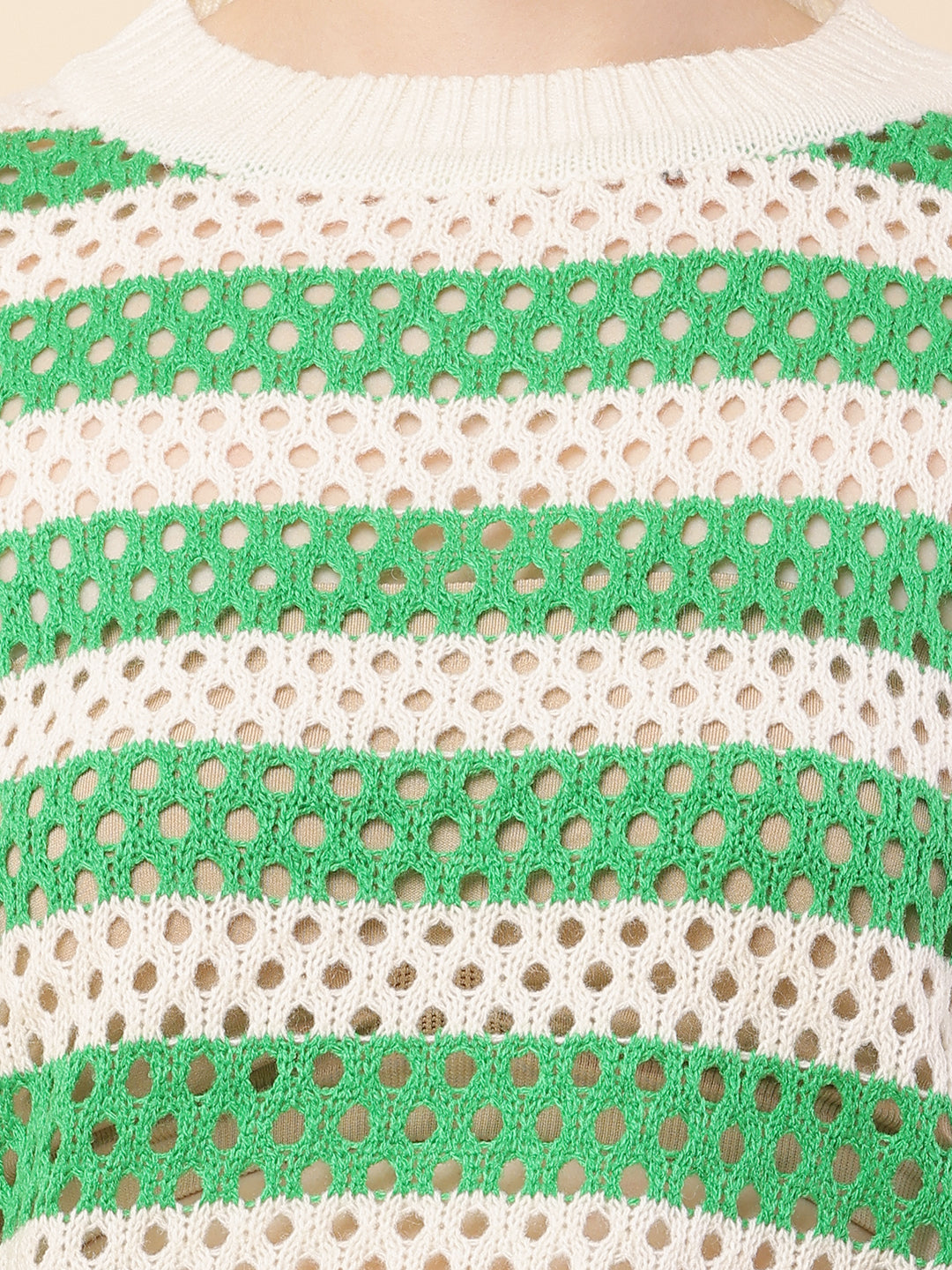Women Green Striped Crochet Sweater